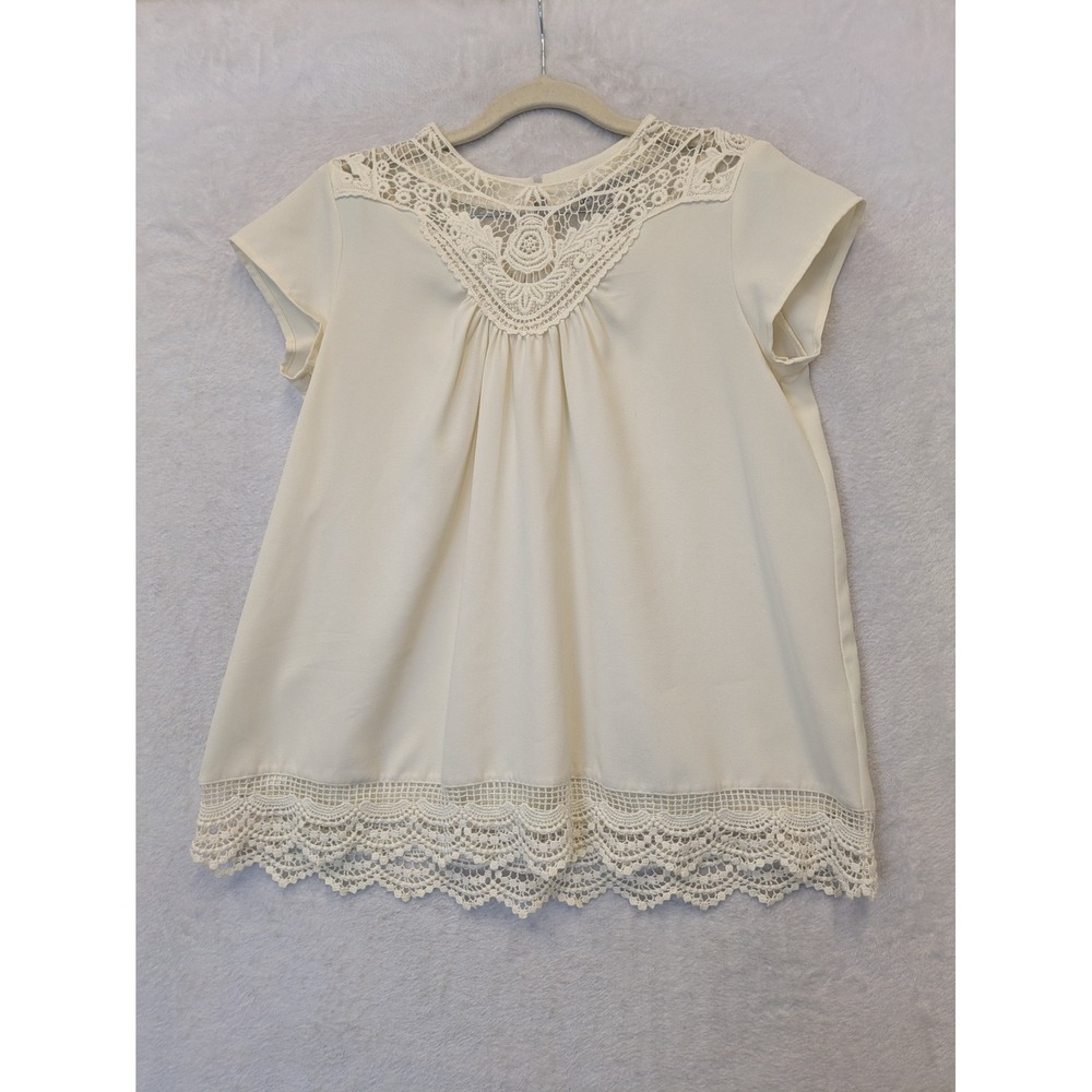DE COLLECTION Cream Lace‎ Trim Cap Sleeve Blouse Top Women's XS